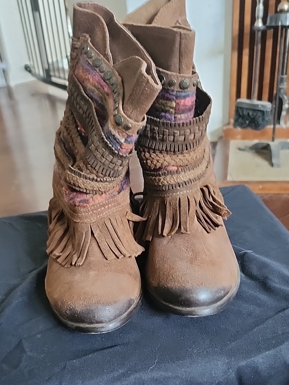 naughty monkey Brown Suede Fringe Ankle Boots with Multicolor Textile Accents
